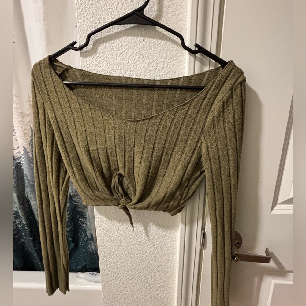 SHEIN Olive Ribbed Tie-Front Long Sleeve Crop Top and Pants set